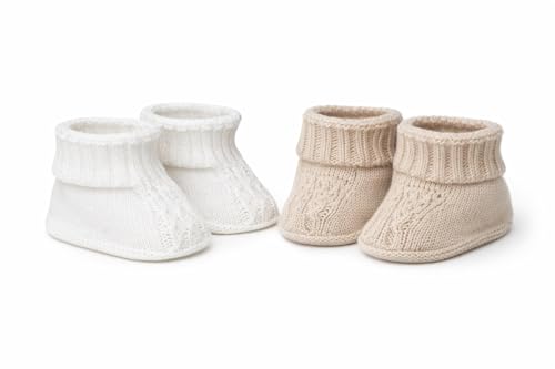 Image of SOHOBABY Spanish Style Adorable Baby Booties Pack Of TWO (2 Pairs) – Soft, Warm & Safe Slippers for Newborn Boys & Girls (White and Biscuit)