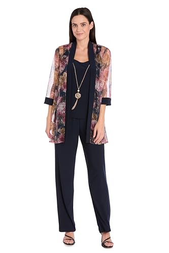 3-Piece Embroidered Sequin Mesh Jacket Pull-On Wide-Leg Pant & Necklace Set - Elegant Evening Outfit