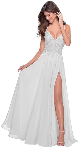 Women's Lace Appliques Prom Dresses Long V Neck Slit Evening Dress Spaghetti Straps Lace Formal Party Gowns