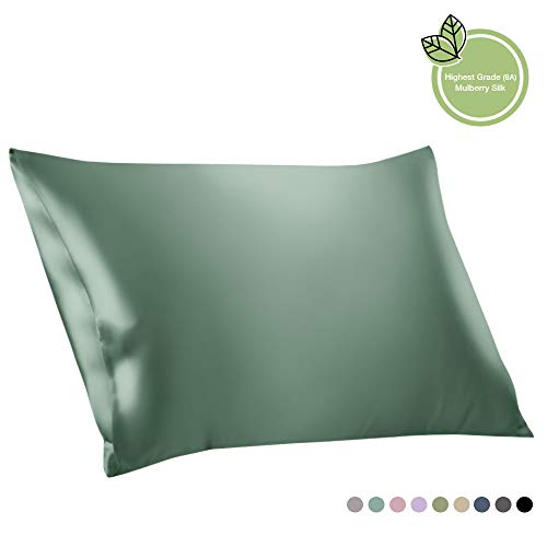 ElleSilk 100% Soie Taie d'oreiller, 22 Momme, Soie de Mûrier de la Plus Haute Qualité, Teinture Naturelle, Hypoallergénique, 50 x 75cm, Vert Céladon