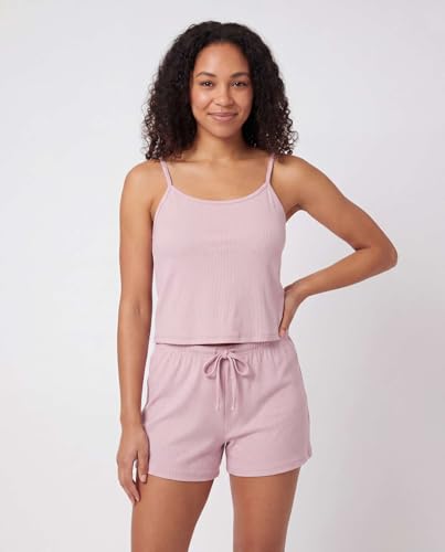 Image of Real Essentials 2 Pack: Women's Ribbed Cropped Cami and Short Set Pajama Sleep Lounge Sleepwear PJ Soft Drawstring Shorts