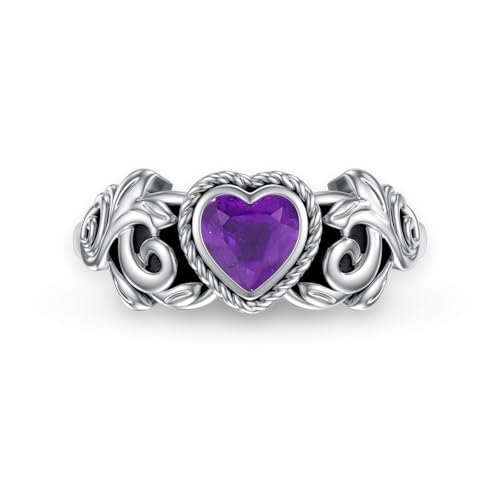 Natural Amethyst Promise Ring for Women 5mm Heart Shaped Amethyst Rings 925 Sterling Silver Vintage for Her Wife Mom