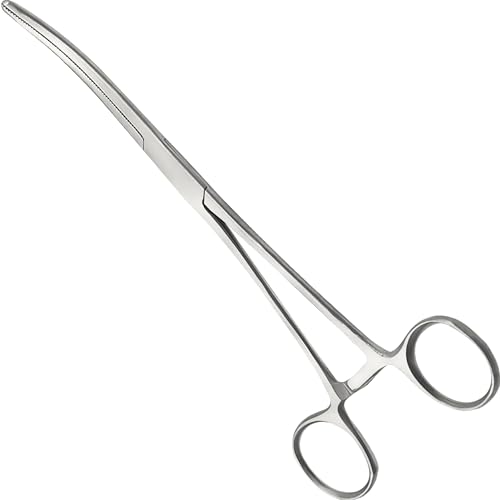 Precision Kelly Hemostat Forceps Locking Tweezers Clamp, Silver, Straight and Curved Stainless Steel (Curved, 12")