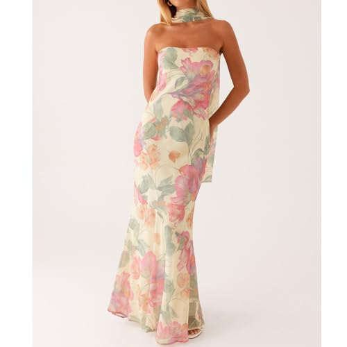 Women Floral Tube Maxi Dress with Scarf Y2k Strapless Backless Mesh Long Bodycon Dresses Formal Cocktail Sundress2