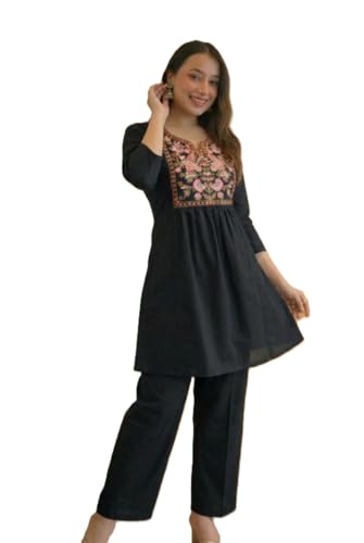 Image of Women's Rayon Embroidered Kurti with Pant Set | Floral Yoke Design | 3 /4 Sleeve Ethnic Co-Ord Set | Regular Fit Traditional Outfit