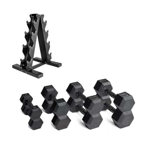 CAP 100 LB Coated Black Handle Hex Dumbbell Weight Set with Vertical Rack