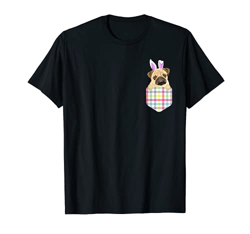 Osterhase in Tasche mit Mops-Motiv, kariert. T-Shirt