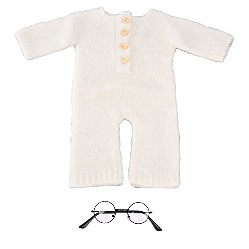 Syuanmuer Säuglingsfoto-Shooting-Strampler, Neugeborenen-Fotografie-Requisiten aus Wolloverall, Brillen, Fotoshooting-Requisiten-Set für Baby-Mädchen-Jungen(Weiß) Cover