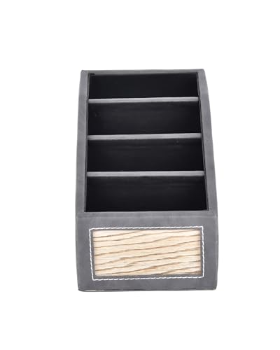 Image of Premsons Classic Remote Holder - 4 Section Tabletop Organizer in Light Brown | Faux Leather with Refined Wooden Finish | Decorative & Practical Organizer - Grey