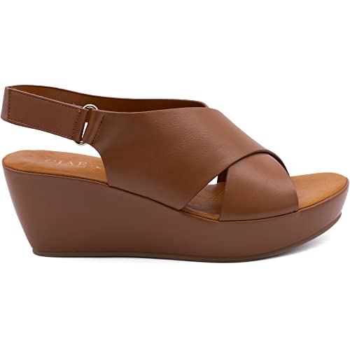 CIARA LONDON Sandalias de verano para mujer con puntera abierta, sin cordones, tacón medio, con gancho y bucle, Tan, 39 EU
