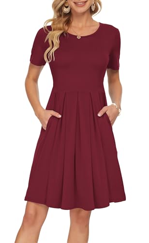AUSELILY Women's Short Sleeve Summer Dress Pleated Loose Swing Knee Length Dresses with Pockets 2026 New Wine Red S