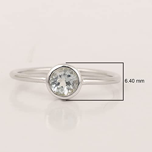 Bezel-Set Solitaire Round 5 Mm Aquamarine Solid Sterling Silver Women Stacking Set Ring Size_7 #TOP3