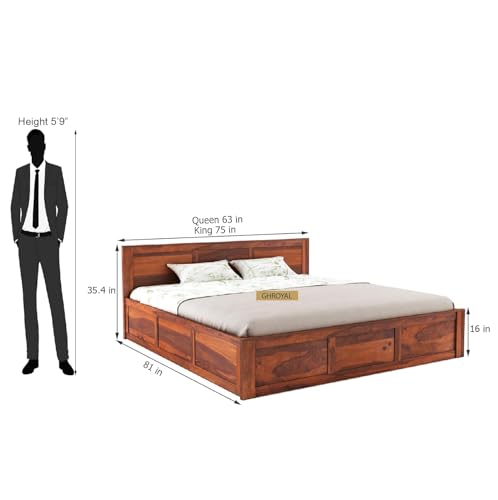 Image of Solid Sheesham Wood King Size Bed with Hydraulic Storage | Wooden Double Bed Cot Bed Furniture for Bedroom Living Room and Home (Honey Finish) - 1 Year Warranty