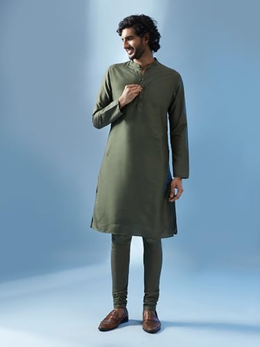 Image of KISAH Men's Kurta Jacket Churidar Set, Sea Green Art Silk, Embroidered Long Sleeves Regular Fit Mandarin Collar