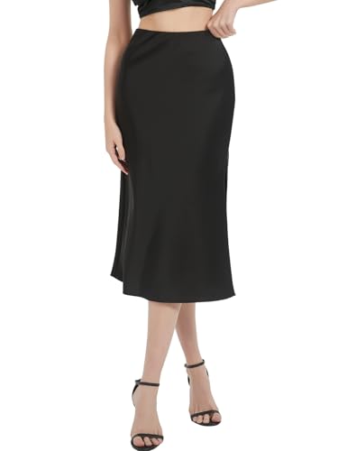 BALAYSIER Gonna in Raso da Donna con Spacco Laterale Gonna Midi Cintura Elastica Nascosta(Nero,S)