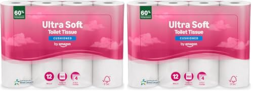 by Amazon 4-Ply Quilted Toilet Tissues, Unscented, 12 Rolls (2 Pack of 12), 160 Sheets per Roll