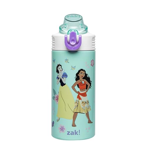 Zak Designs Disney Princess Kids Water Bottle For School or Travel, 14oz Stainless Steel Water Bottle With Straw, Handle, and Leak-Proof, Pop-Up Spout Cover (Ariel, Moana, Snow White, Tiana)
