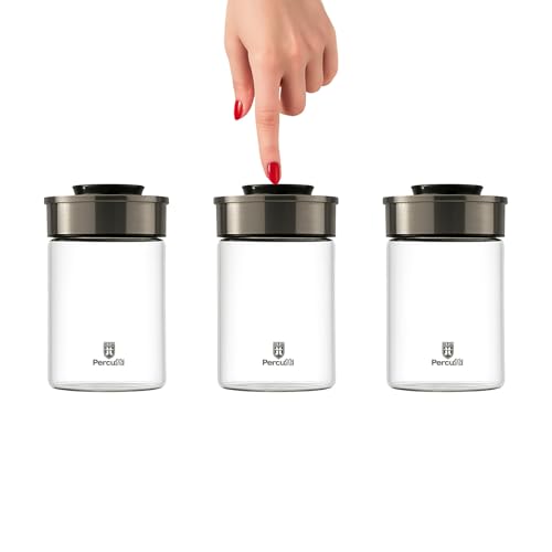 BURI Juego de 3 tarros de cristal de 1000 ml, con tapa de acero inoxidable y mecanismo de clic al vacío, herméticos, apilables, aptos para lavavajillas, a prueba de fugas
