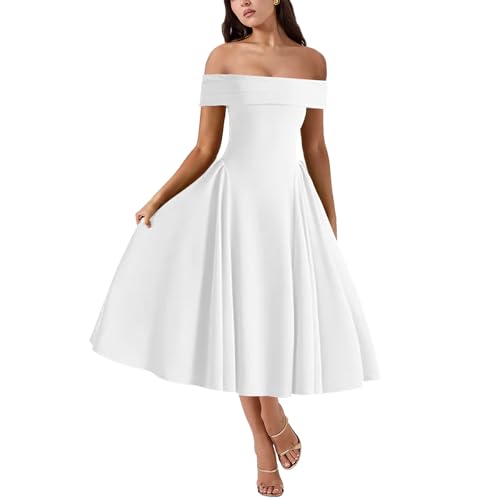 Image of Women's Summer Off Shoulder Fit and Flare Midi Dress - Sleeveless Sexy A Line Corset Club Party Going Out Dresses