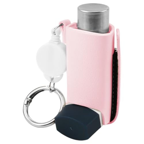 SHFGYG Asthma Inhaler Holder PU Leather Protective Mini Holster Inhaler Keychain Retractable Clip Portable Lightweight Inhaler Case Travel Handy Holder Only (Pink)