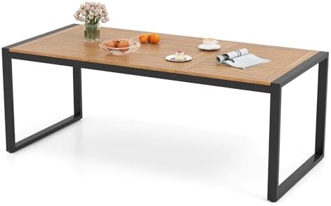 RELAX4LIFE Patio Outdoor Dining Table for 8-79’’ x 35.5’’ Acacia Wood Rectangular Table w/2’’ Umbrella Hole, Slatted Top & Metal Legs, Indoor Outdoor Picnic Bistro Table, 8-Person Patio Dining Table