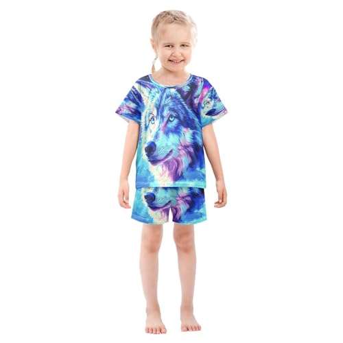 ALAZA Wolf Oil Painting Stylish Pajamas Set Short Sleeve Cotton Sleepwear Summer Pjs 2 Piece 5-14Y3