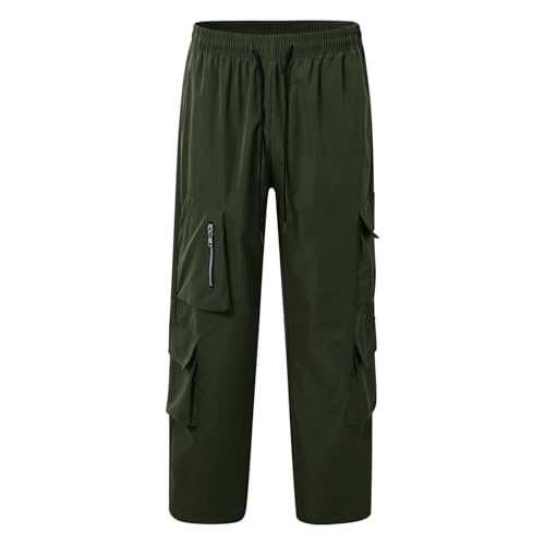 Foweknow Pantalones cargo para hombre, corte holgado, cintura elástica, cómodos, anchos, pantalones de ocio, pantalones cargo rectos, pantalones deportivos versátiles, largos, monocromáticos, Verde
