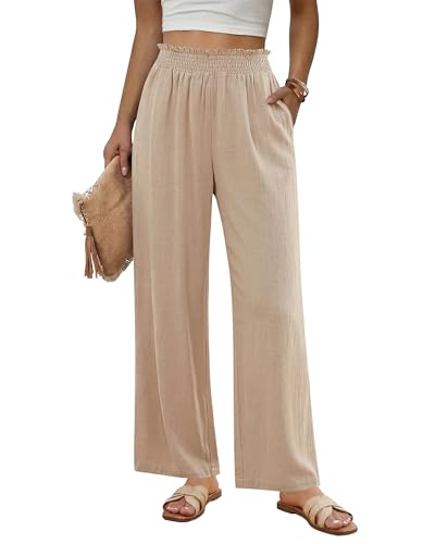 GRAPENT Wide Leg Pull On Pants for Women Summer Linen Pants for Women Womens Beach Womens Trouser Casual Trendy Pull On Palazzo 2026 Almond Size Large US 12 to 14