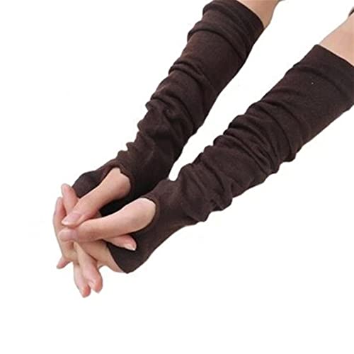 FOXBI Femmes élégantes Chauffe Bras Gants sans Doigts tricotés Long Trou de Pouce Gants Mitaines rayé Extensible Gants Manchettes,Marron Cover