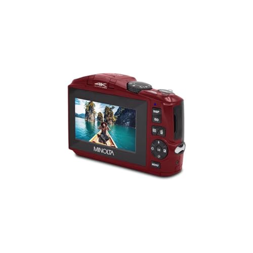Image of Minolta 64MP Camera - 4K 60FPS video, 16x zoom, WiFi, CMOS sensor, 3 inch LCD, auto exposure, 32GB card, and rechargeable battery included. (Red) (Renewed)