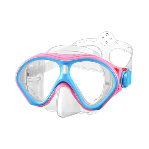 CoolystiaDrX Kids Snorkel Swim Mask Child Diving Mask Anti-Fog Swim Goggles Tempered Glass Snorkeling Scuba Diving Glasses with Nose Cover Luminous Design for Age 4- 14 Youth Boys Girls
