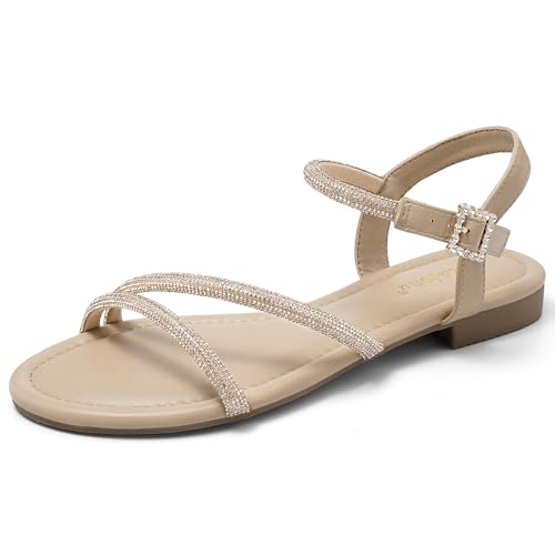Greatonu Women's Rhinestone Flat Sandals with Ankle Strap Open Toe Sandals Wedding Bridal Prom Sparkly Bling Comfortable Dressy Sandals