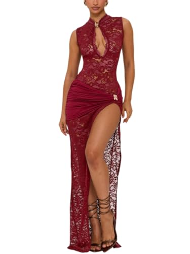 Sukiglam Damen Kleider Sexy Transparente Spitzenkleid Elegant Ärmelloses Langes Kleid Cut-Outs Figurbetontes Maxikleid mit Hochschlitz Bodycon...
