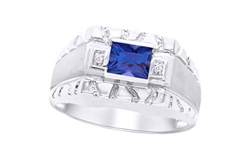 Affy Princess Cut Simulated Blue Sapphire & White Natural Diamond Accents Nugget Men's Ring In 10K White Gold Ring Size-8.5 #TOP9