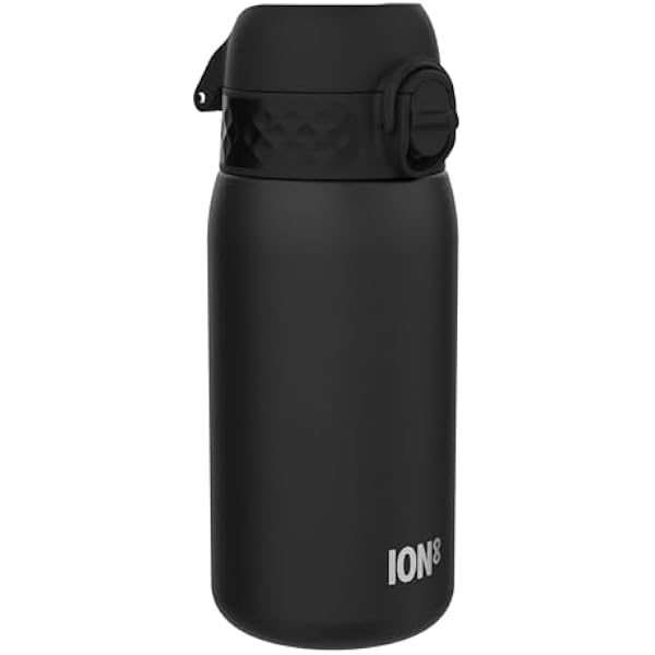 ION8 Butelka na Wodę dla Dzieci ze Lekki Stali, 400 ml/13 oz, Nieocieplany, Szczelna, Łatwa do Otwarcia, Bezpieczny Zamek, Można Myć w Zmywarce, Składany Uchwyt, Łatwa w Czyszczeniu, Czarny
