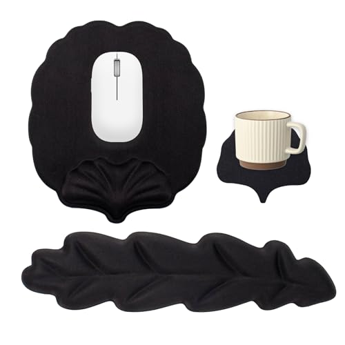 Keyboard Wrist Rest Set, Ergonomic Leaf Shape Mouse Pad with Wrist Rest, Black PU Leather Memory Foam Wrist Cushion Support,Suitable for Typing and Gaming