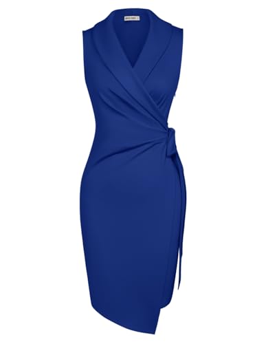 GRACE KARIN Cocktailkleid Damen Sommerkleid Ärmellos Wickelkleid Damen Elegant Business Kleid Etuikleid L Blau-6