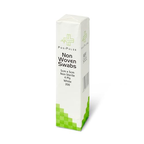 Posi Pulse 5cm x 5cm, 200ct Non-Sterile Gauze Swabs - 4 Ply Non-Woven Blend of Soft Strong Smooth Viscose/Polyester, 30g, Latex Free, CE Certified, White for Wound Dressing, Cleaning, Absorption