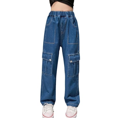 Rolanko Girls Baggy Cargo Jeans, Elastic High Waist Wide Leg Vintage Bootcut Denim Pants for Kids, Dark Blue, Size: 140