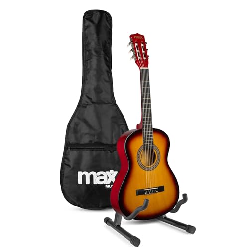 Max SoloArt Pack Guitare Classique Junior 3/4 - Sunburst, Cordes en Nylon, 8 à 12 ans, Sac de Transport, Médiators, Sangle, Support Guitare, un Cadeau pour...
