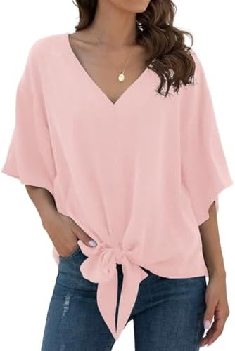 YGJIEGENG Women’s Summer Casual 3/4 Tiered Bell Sleeve V Neck Chiffon Blouse Tops Shirts for Women
