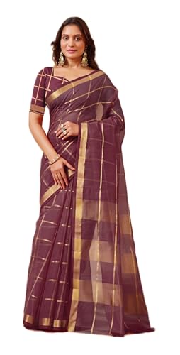 Image of StyleScope Women's Kota Doria Cotton Zari Checks Manipuri Saree With Unstitched Blouse Piece (Malanng)