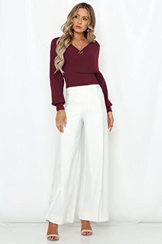 Image of ZAFUL Womens V Neck Cropped Wrap Sweaters Drop Shoulder Lantern Sleeve Pullover Tops Winter Sexy Cross Ribbed Clothes