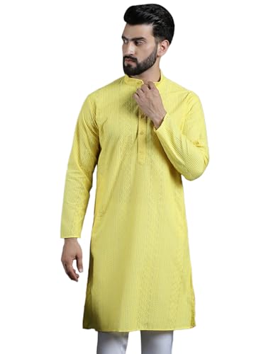 Image of SOJANYA (Since 1958 Men's Pure Cotton Checked Embroidered Long Kurta | Traditional for Diwali Celebrations