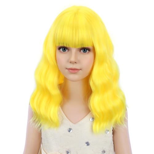 Image of PATTNIUM Yellow Wig for Kids Child Wigs Short Wavy Curly Yellow Wig with Bangs for Girls Synthetic Girls Cosplay Halloween Party Costume Wigs