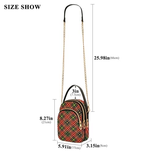 Women Shoulder Purses Artistic Chain Strap Cell Phone Purse Quilted Zipper Satchel Crossbody Tote Traditional Red Plaid Green Gold3