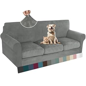 ZNSAYOTX Luxury Velvet Couch Cover 4 Piece Stretch Sofa Covers for 3 Cushion Couch Thick Soft Spandex Sofa Slipcover Living Room Anti Slip Dogs Pet Furnitre Protector (Grey, Sofa)