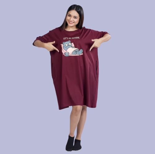 Image of LAMA STORE Women's Printed Oversized T-Shirt Dress, Cotton, 3 /4 Sleeve Length, Casual Loose Fit, Comfort Wear Extra Comfy Oversized Printed Pocket T-Shirt Dress