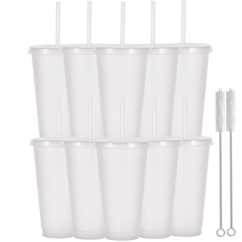 Yisituo Lot de 10 gobelets avec couvercle et paille, 710 ml, réutilisables, en plastique, pour smoothies, café, fête et voyage (10, transparent)