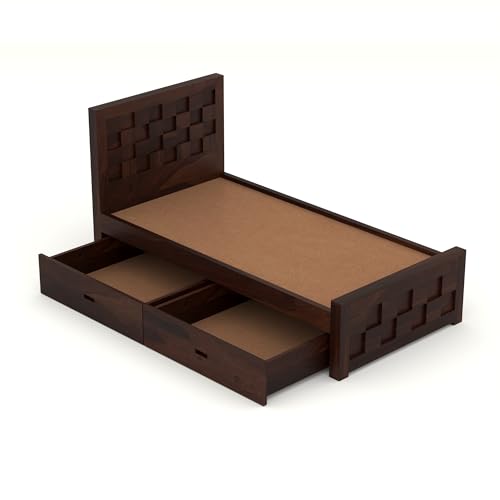 Image of Solid Sheesham Wood Single Size Bed with 2 Drawer Storage Wooden Single Cot Bed for Home Living Room Bedroom Guest Room Hotel (Walnut, Size 6 * 3)